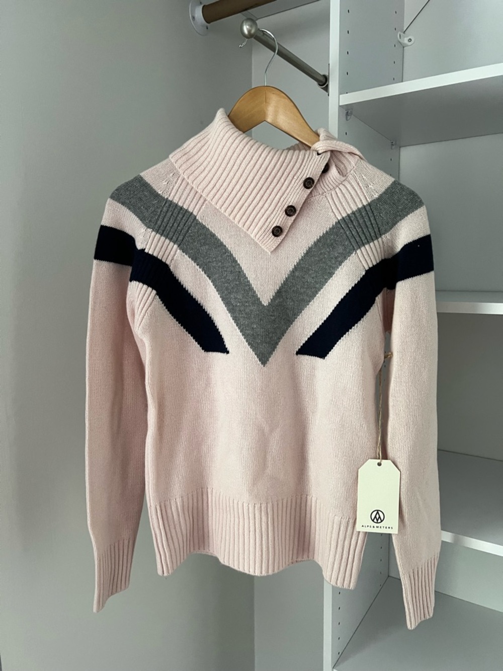 Alps & Meters Cozy Pink Chevron Turtleneck Sweater with Buttoned Collar